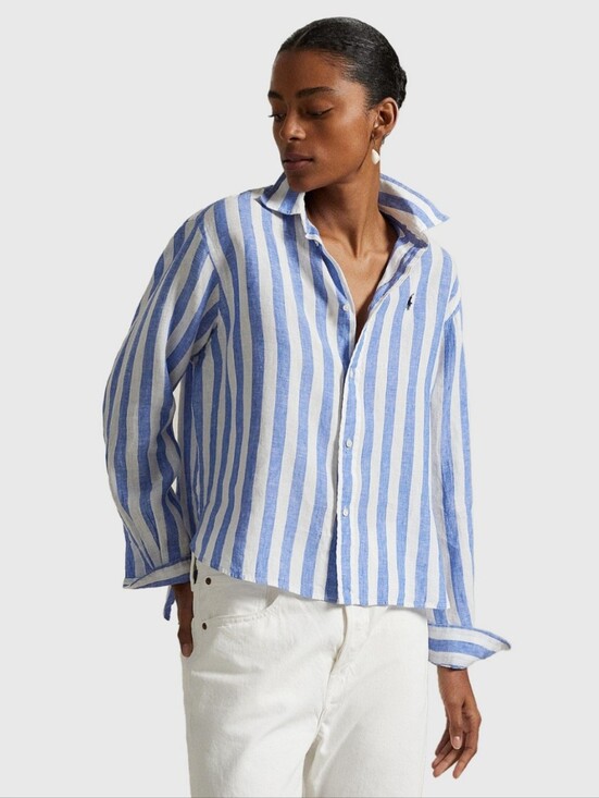 Polo Ralph Lauren Tops - Polo Ralph Lauren Women Wide Cropped Stripped Linen Shirt